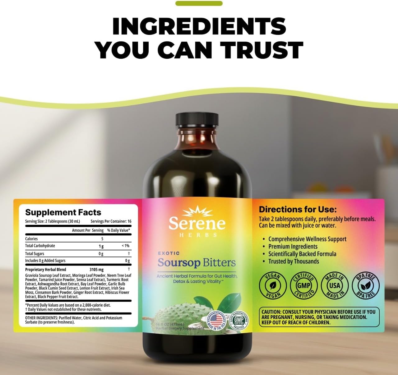 Supplement Facts panel showing proprietary herbal blend of 3105mg with Directions for Use - Take 2 tablespoons daily, preferably before meals