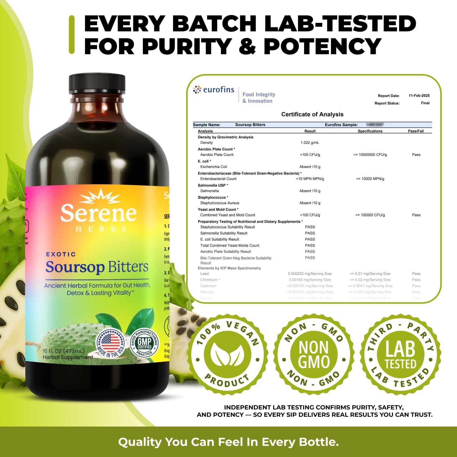 Eurofins Certificate of Analysis showing lab testing results with 100% Vegan, Non-GMO, and Lab Tested badges