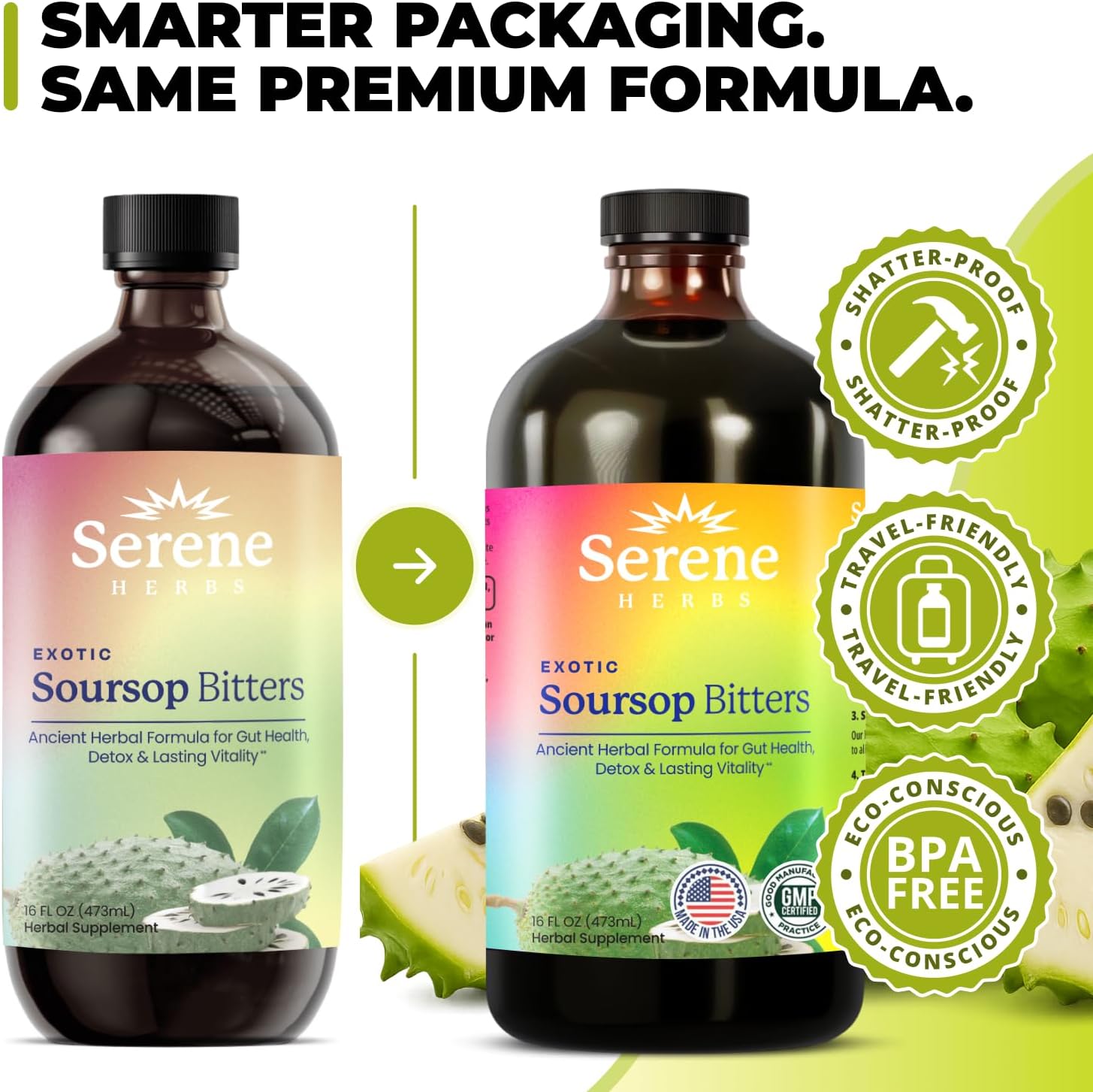 Upgraded packaging comparison showing shatter-proof, travel-friendly, and BPA-free eco-conscious features